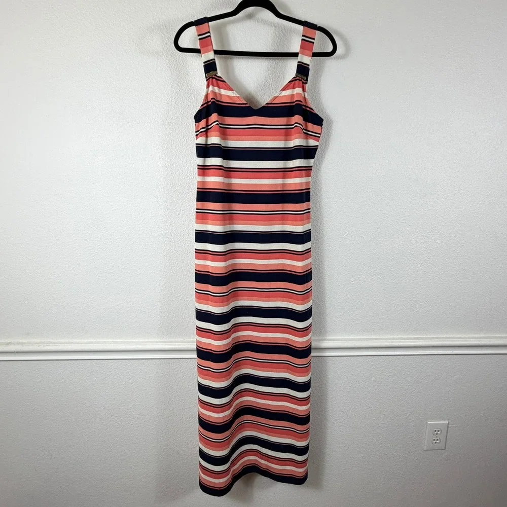 Michael Kors Maxi Dress Womens Large Coral Navy Striped Gold Hardware Tank Knit